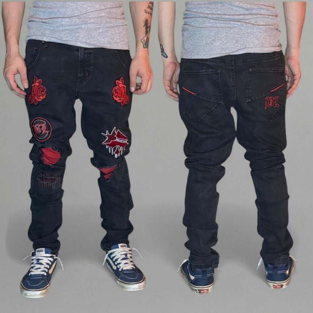 Black Leaf Distressed Patchwork Slim Denim Jeans 32x32